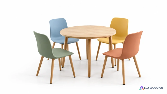 Petite table ronde avec quatre chaises simples sur un fond clair, prête pour une rencontre.