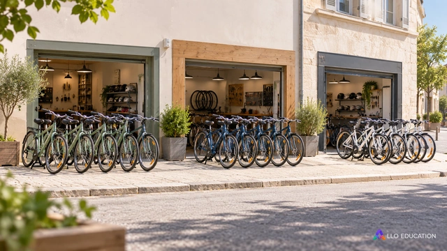 Vélos de location devant des ateliers voisins sans enseignes : plusieurs offres proches peuvent être comparées.