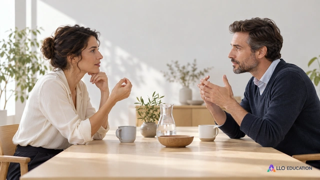 Deux adultes échangent et précisent leur propos par des gestes.