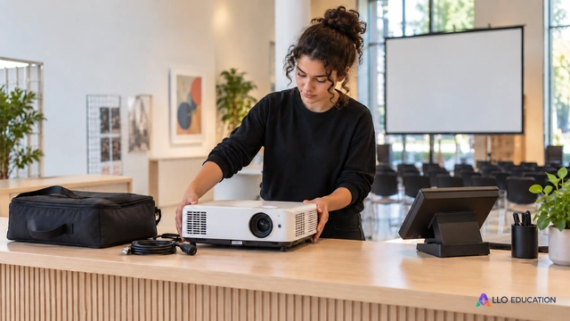 Vidéoprojecteur et housse préparés au comptoir d’un centre culturel.