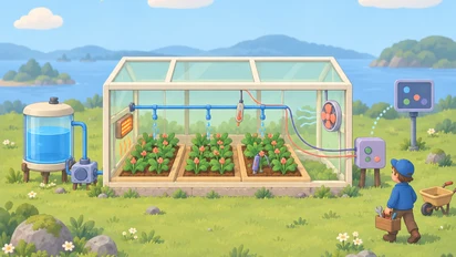 Une serre fictive avec plantes, sondes, réservoir et pompe, ventilateur et chauffage ; un contrôleur local est relié à un écran distant.