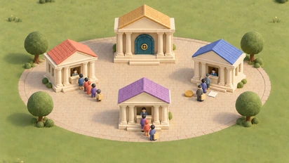 Une place arborée réunit trois banques aux toits corail, bleu et mauve, des files de clients et un prêteur central crème et doré ; des jetons et des papiers figurent les opérations.