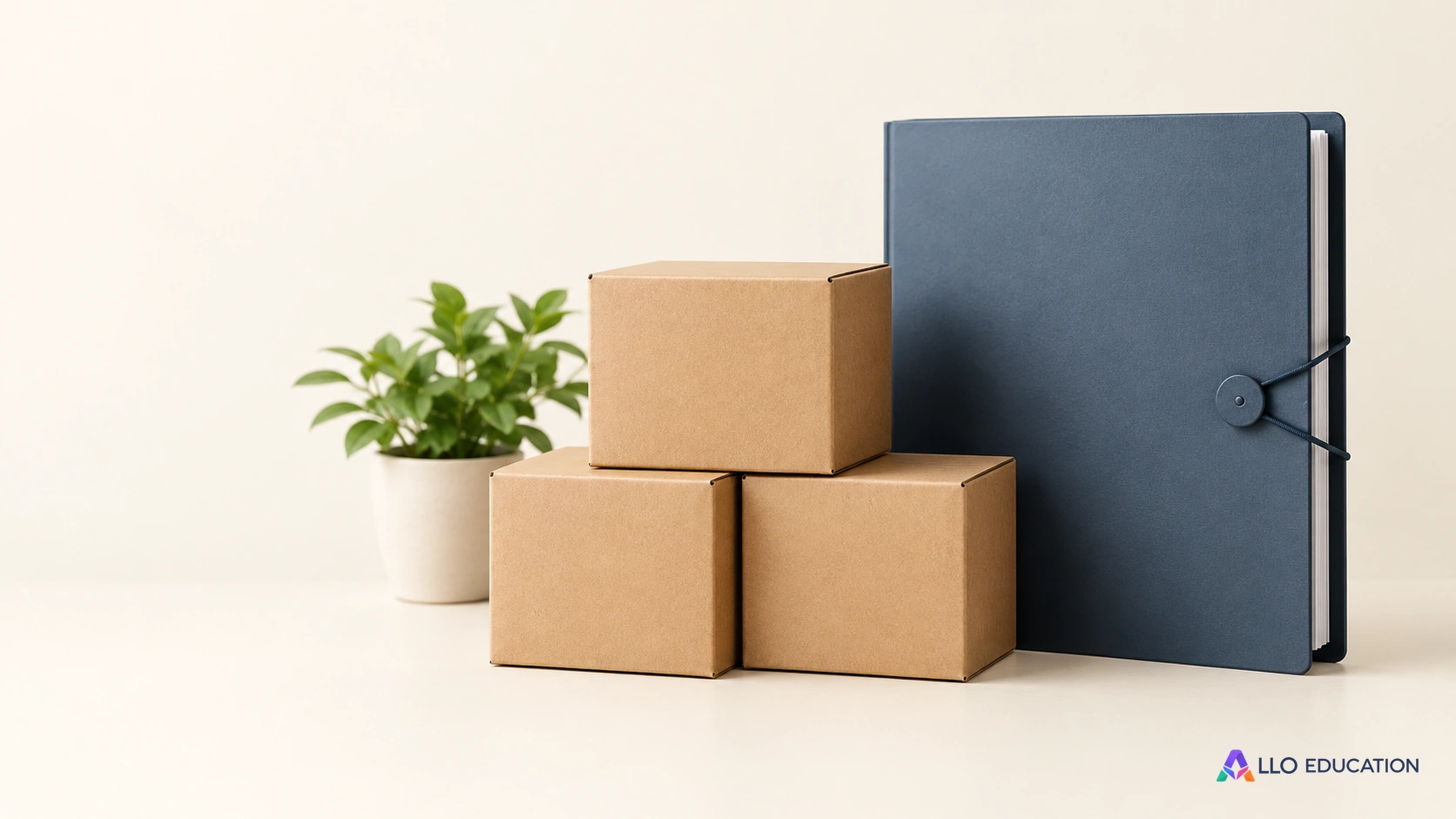 Des boîtes de marchandises neutres et un dossier fermé évoquent le calcul de la performance d’un magasin.