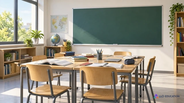 Une salle de classe lumineuse avec des tables et des livres ouverts évoque les apprentissages.