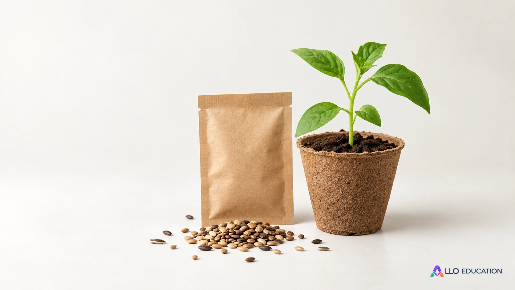 Un sachet de graines sans inscription est placé près d’une plante.