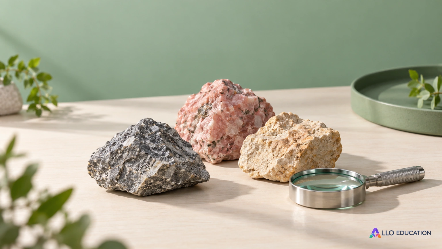 Trois roches et une loupe sur un plateau clair.